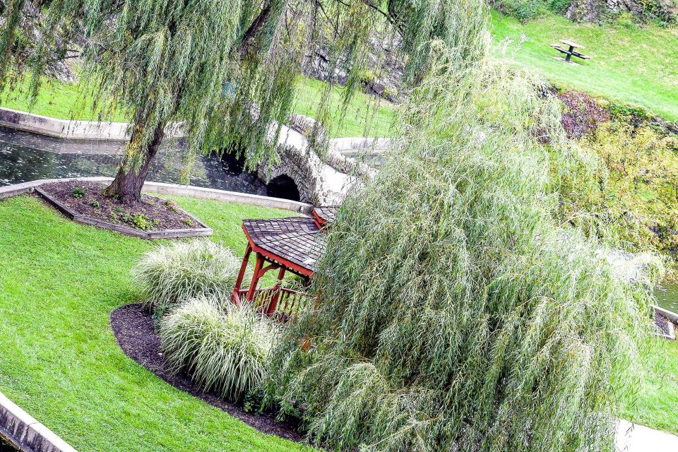 Exterior overhead shot of the sunken gardens.